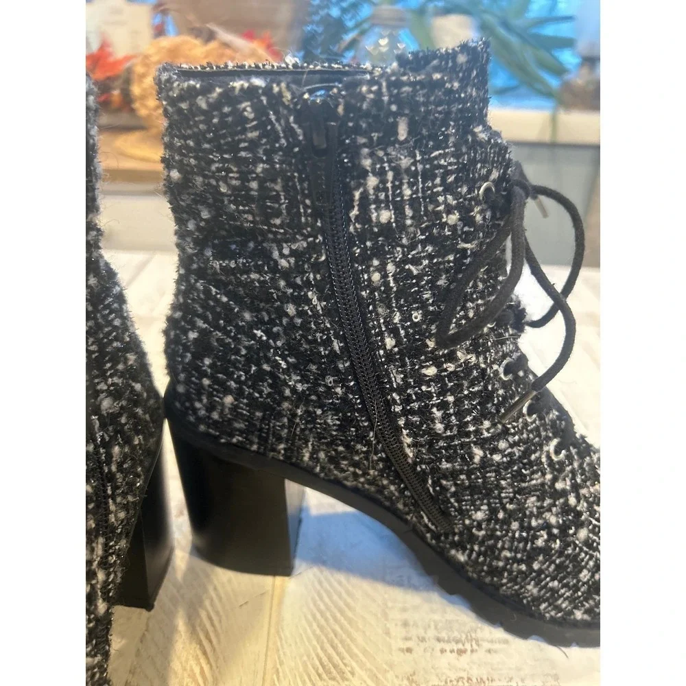 Diba True Black‎ White Tweed Lace Up Block Heel Ankle Boots Women's Size 10M